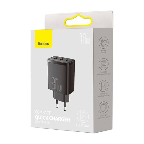 Baseus Ładowarka sieciowa Compact Quick Charger 2xUSB | USB-C, PD, 3A 30W black