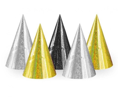 Czapka party Zestaw 5 czapeczek holograficznych 2 złote+2 srebrne+ 1 czarna mix papier Godan (PZ-CZM5)