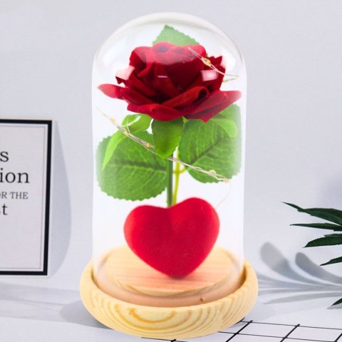 Gadżet Wieczna Róża w Kopule z Oświetleniem LED Czerwona z Serduszkiem 14x8cm Lean (21300)