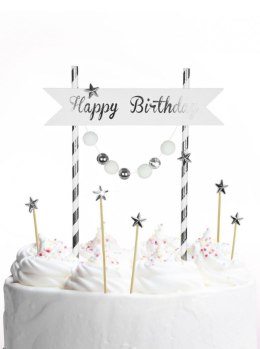 Dekoracja na tort Happy Birthday - pomponiki srebrne Arpex (KK0126SRE-7690)