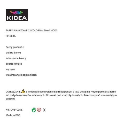 Farby plakatowe KIDART kolor: mix 20ml 12 kolor. Kidea (FP12KKA)