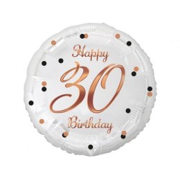 Balon foliowy 30 Birthday, biały, nadruk różowo-złoty 18cal Godan (FG-O30B)