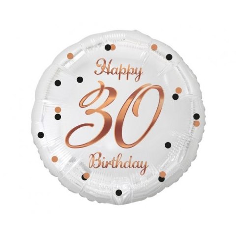 Balon foliowy 30 Birthday, biały, nadruk różowo-złoty 18cal Godan (FG-O30B)