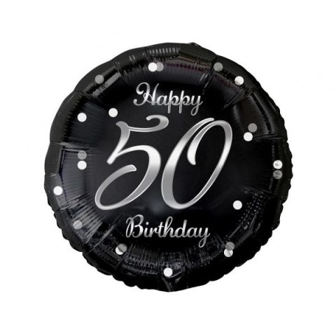 Balon foliowy Happy 50 Birthday, czarny, nadruk srebrny 18cal Godan (FG-O50S)