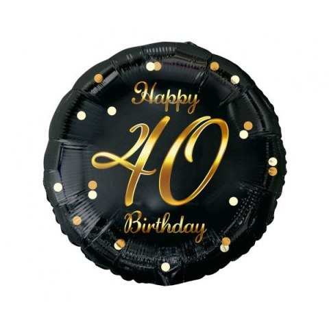 Balon foliowy Happy 40 Birthday, czarny, nadruk złoty 18cal Godan (FG-O40Z)