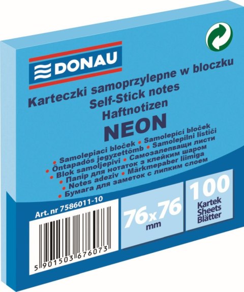 Notes samoprzylepny (karteczki) Neon niebieski 100k [mm:] 76x76 Donau (7586011-10)