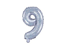Balon foliowy cyfra 9, 35 cm, holograficzny 14cal Partydeco (FB10H-9-018)