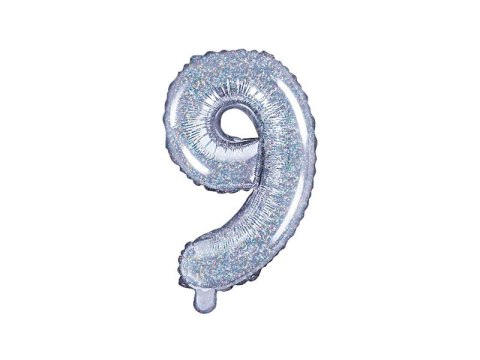 Balon foliowy cyfra 9, 35 cm, holograficzny 14cal Partydeco (FB10H-9-018)