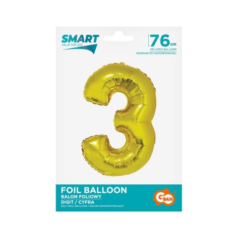 Balon foliowy Smart cyfra 3 złota 76cm Godan (CH-SZL3)